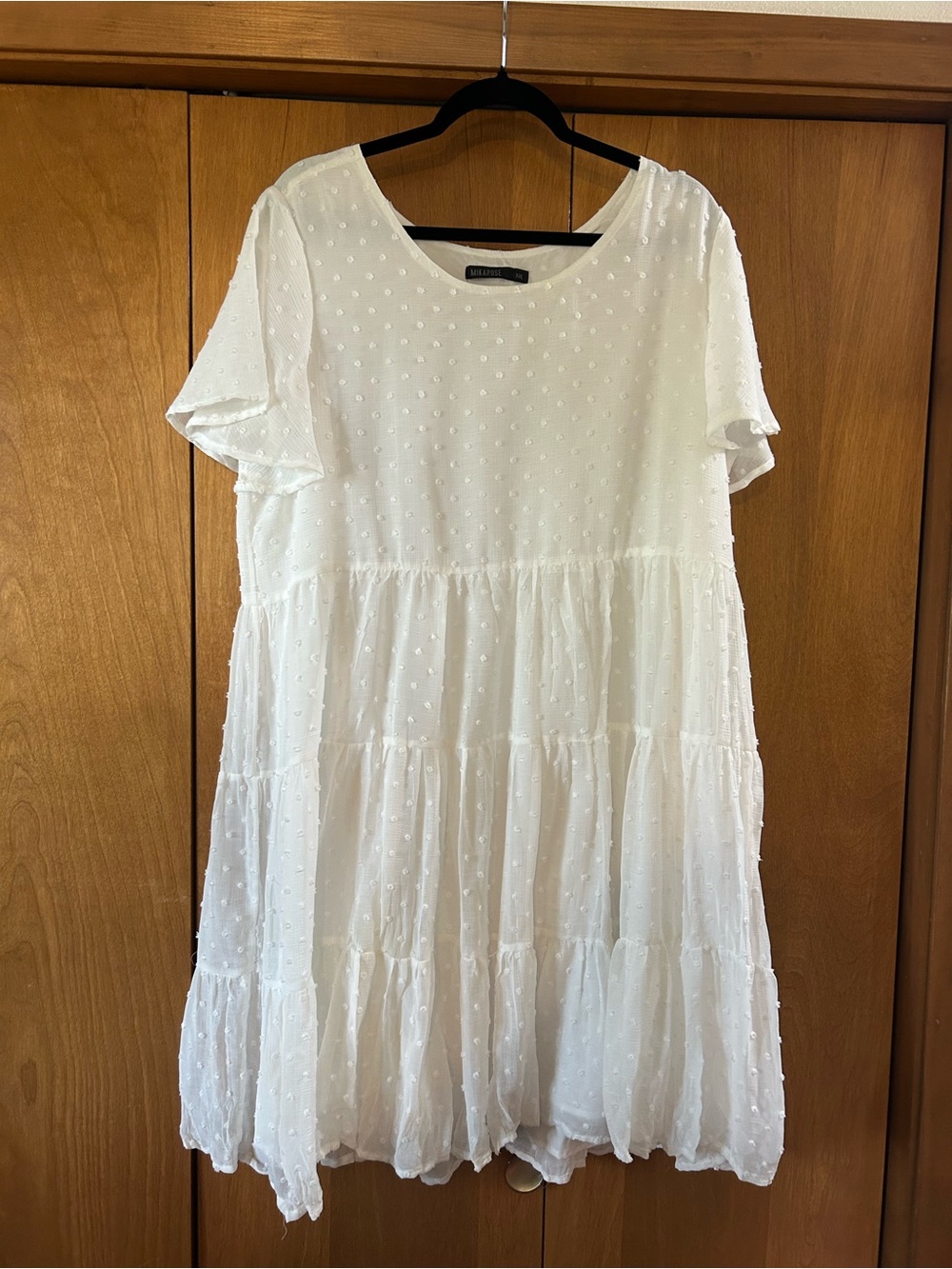Mikarose White Swiss Dot Tiered Short Sleeve Midi Dress